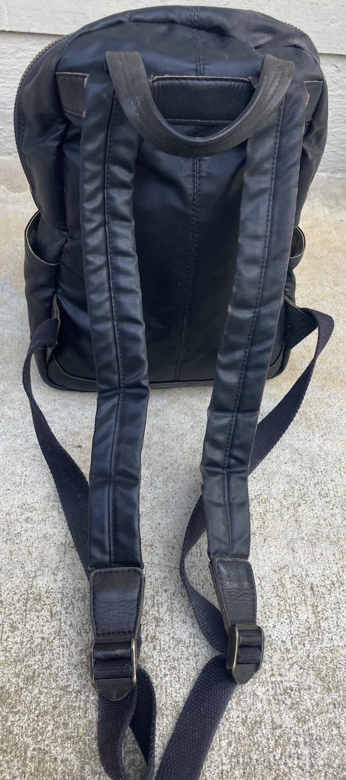 Frye Leather Zipper Backpack Black Distressed Leather 13”x12”