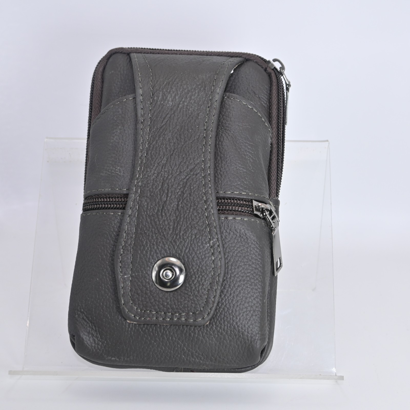 Brown small purse has carabiner hook go thru belt loop magnetic snap/pockets