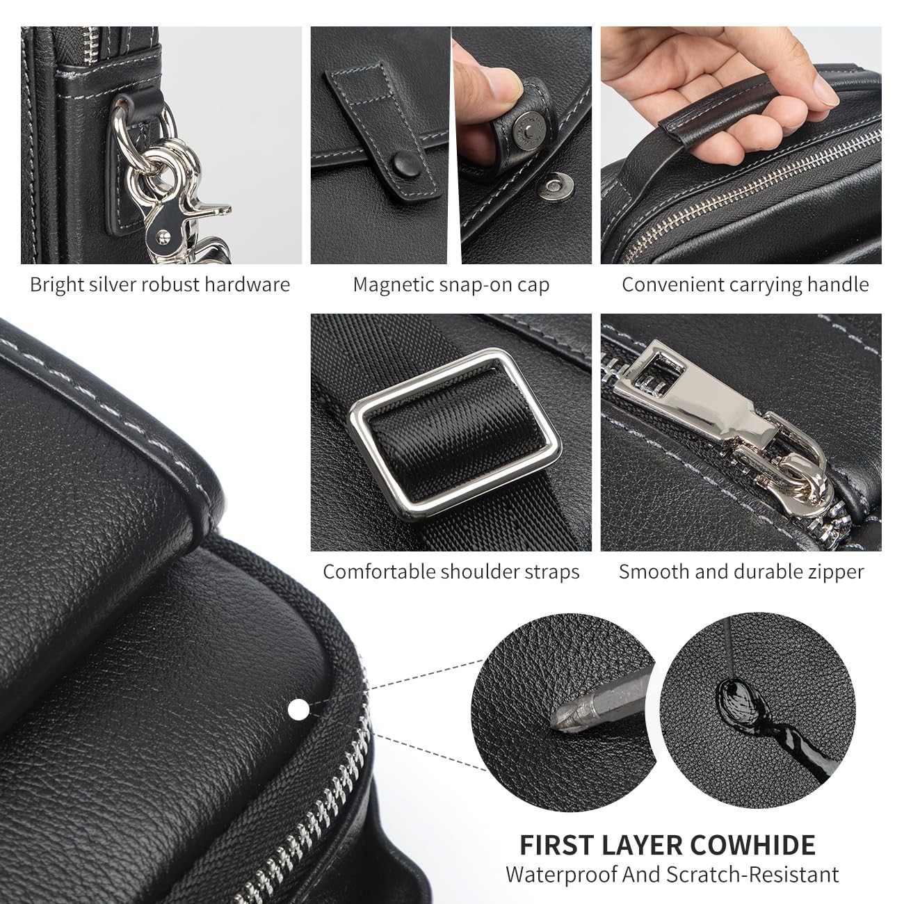Genuine Leather Messenger Bag Purse for Men Crossbody Black