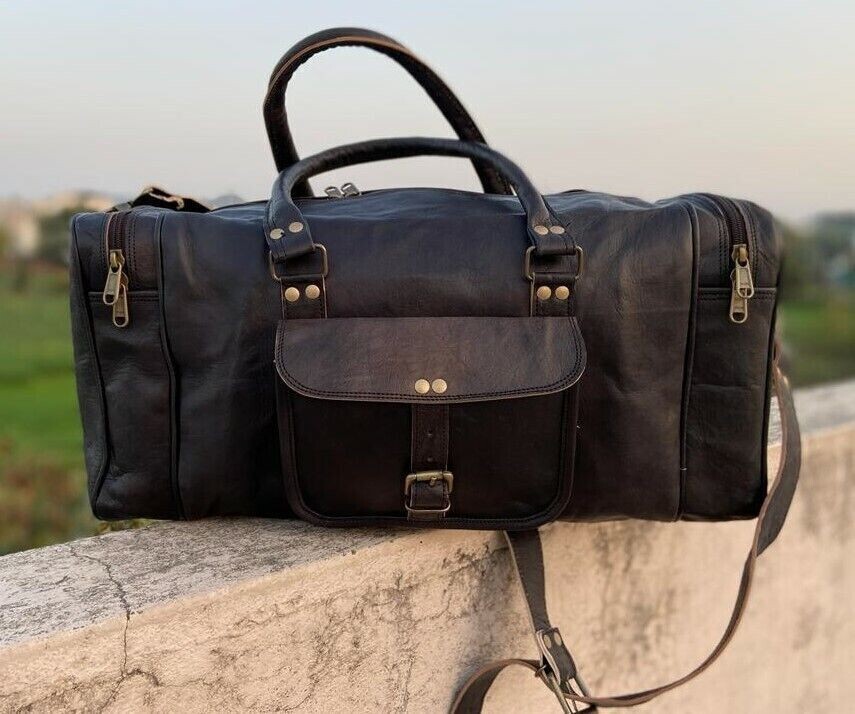 Large BLACK Duffle Men Genuine Leather Travel Luggage Gym Weekend Overnight Bag