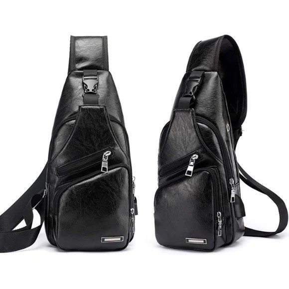 Black Chest Crossbody Bag Sling Backpack for Men with USB Charge Port