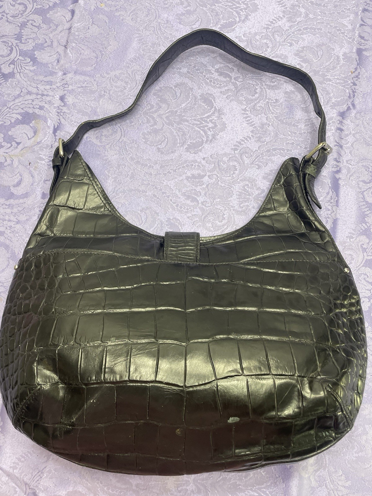 Lauren Ralph Lauren Black Croc Embossed Leather Hobo Shoulder Bag Y2K Push Lock