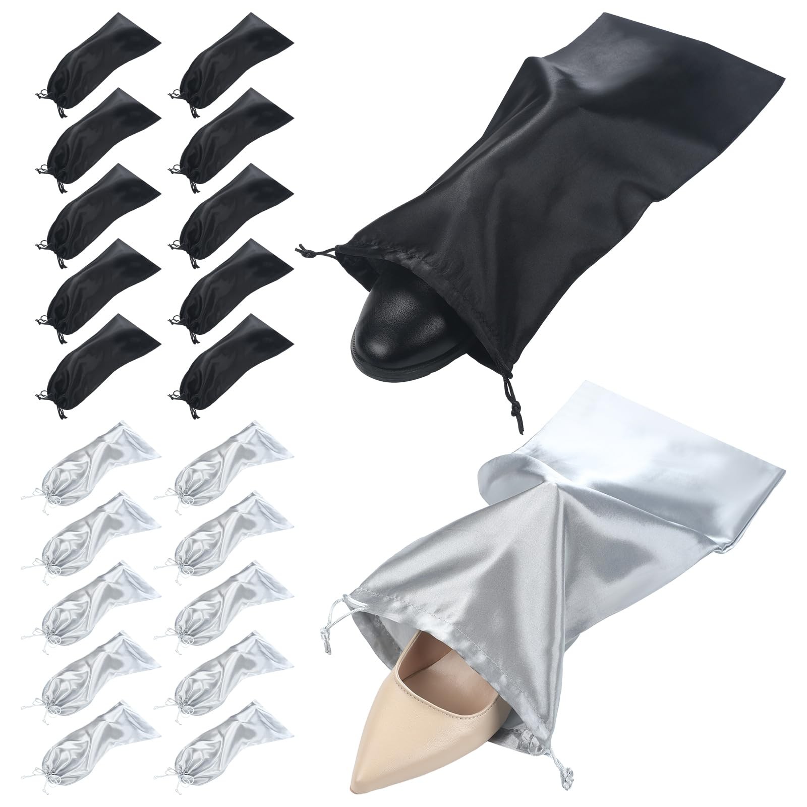 Patelai 20 Pcs Shoe Bags for Travel 17.7 x 7.9 Inch Satin Bag Black;Grey