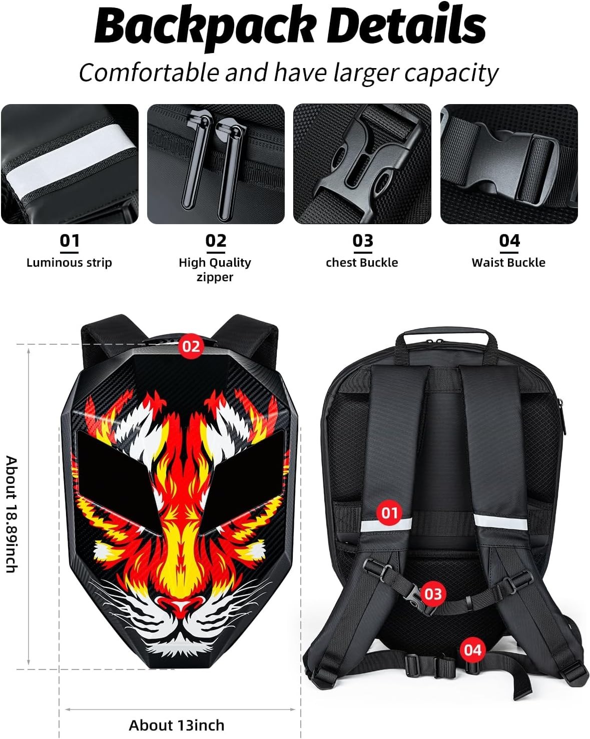 Gelrova Tiger Knight LED Backpack 19″ Programmable Animated Digital Eyes