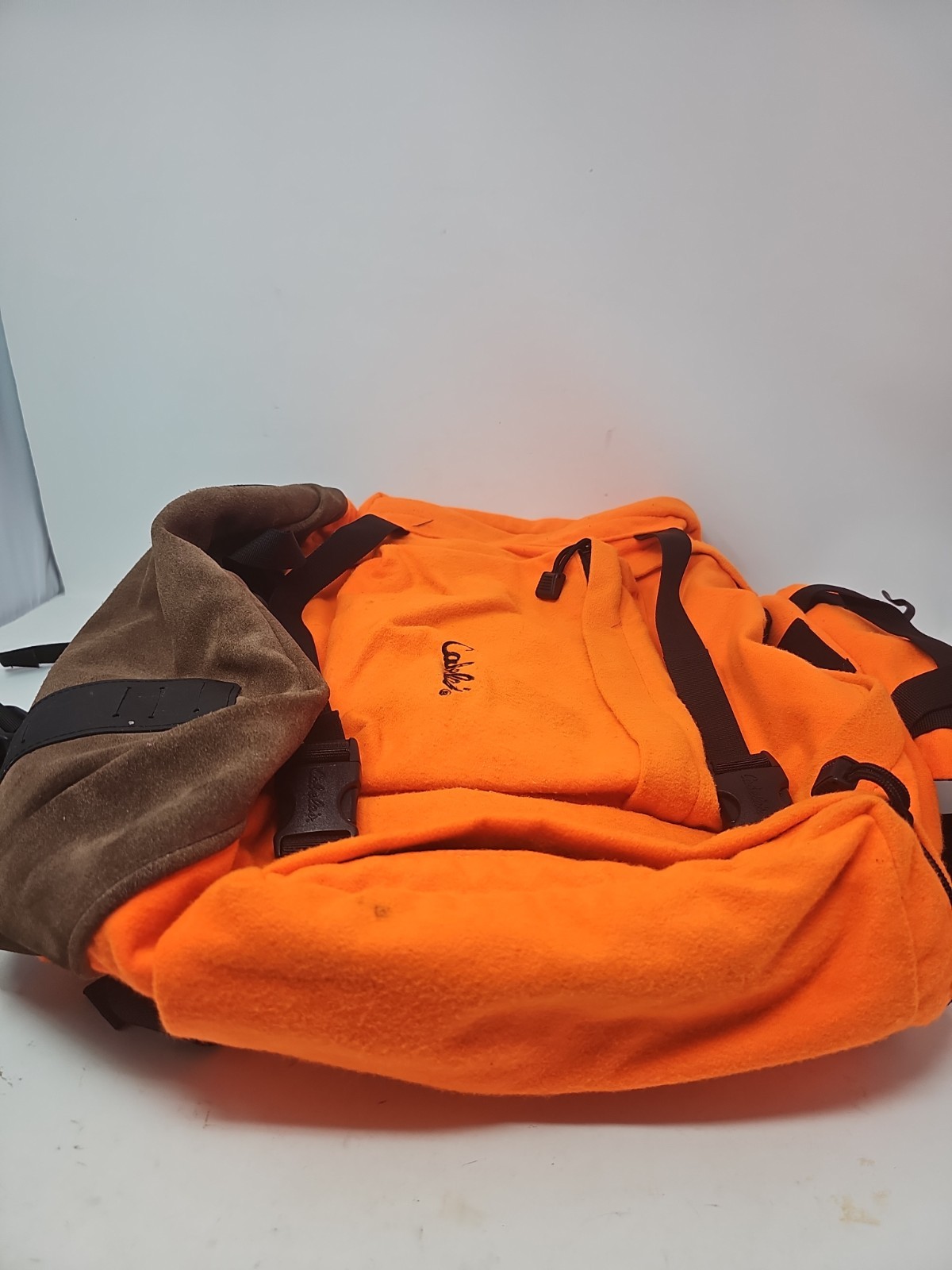 Vtg 90s Cabelas Orange Leather-Bottom Hunting Backpack Fishing Hike Bag USA Made