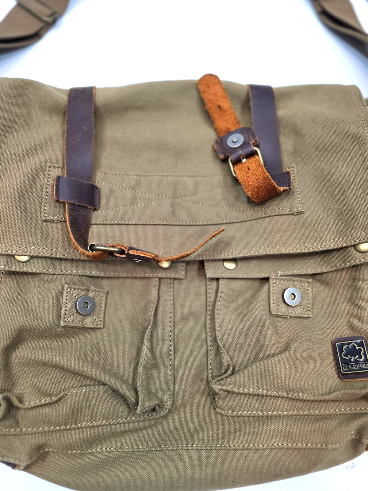SC COTTON Canvas Messenger Shoulder Bag w Leather Straps Olive Green