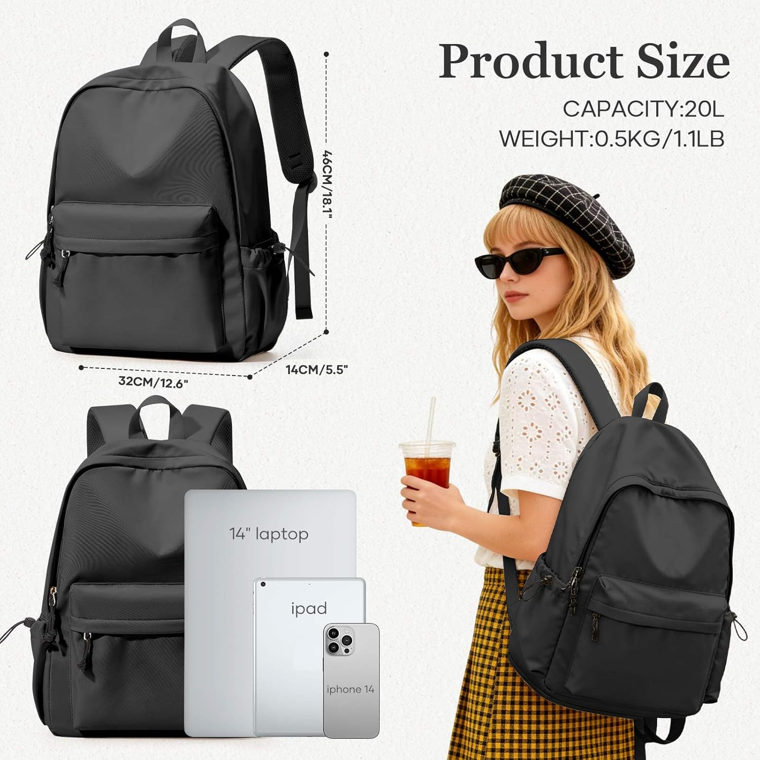 Black Middle School Backpack for Men Women Simple Backpack for College Students