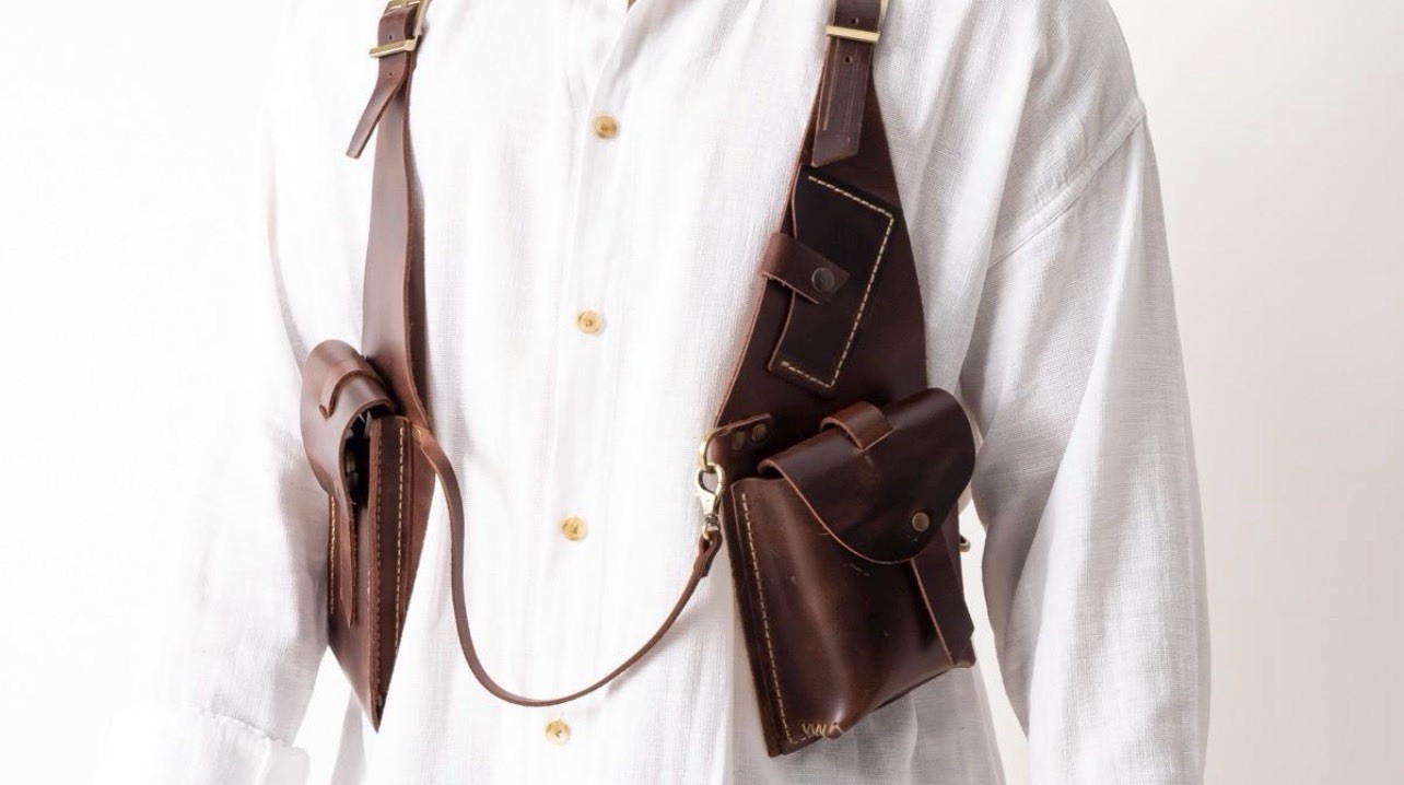 Brown Holster Crossbody Shoulder Harness Bag w/ Pouches Adjustable Strap