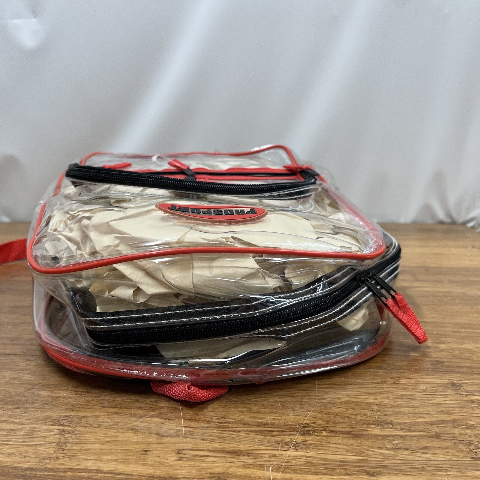 New Prosport Clear Backpack Transparent Waterproof Red Black Strip Zipper