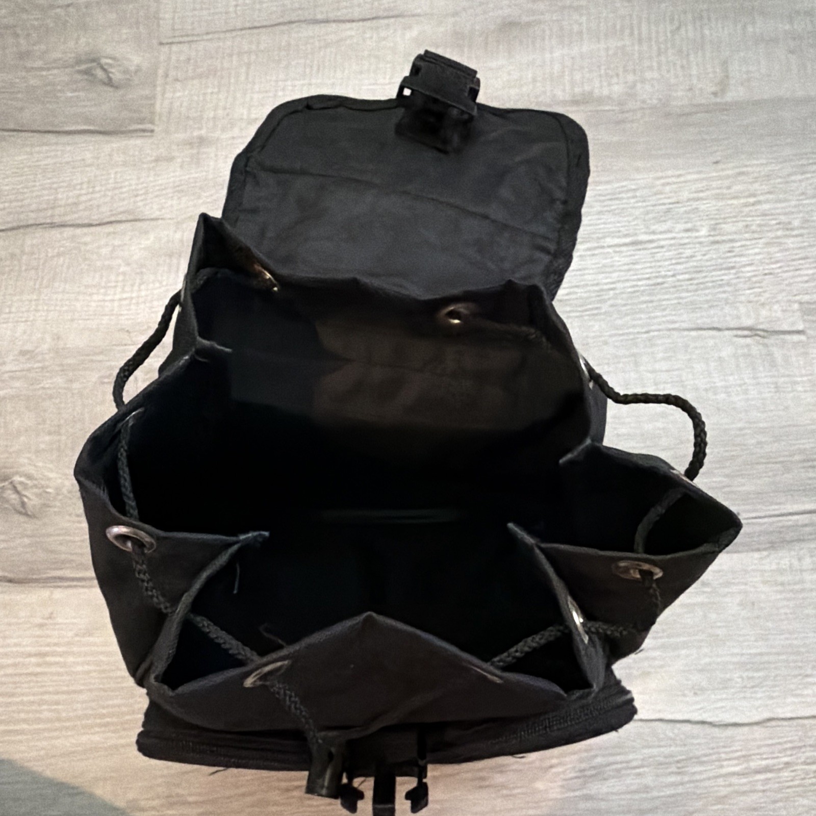 Vintage 1990s Drawstring Mini Backpack w/ Flap, Zip Pockets, Adjustable Straps