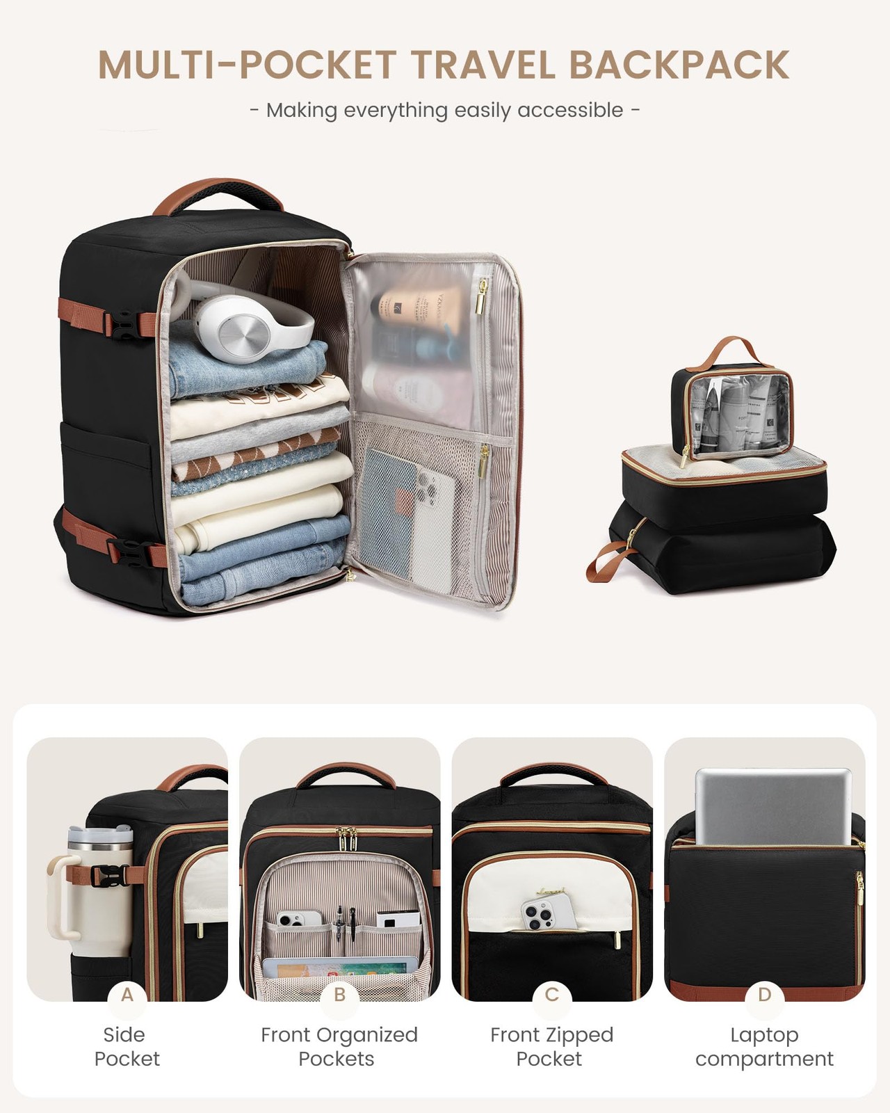 40L Travel Backpack Carry on Flight Approved,Personal Item Bag with 3 Packing…