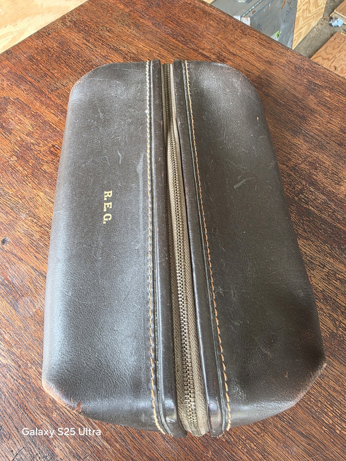 Brown Men’s Toiletry Bag Zip Closure Lined Top Handle Hot Stamped Initials