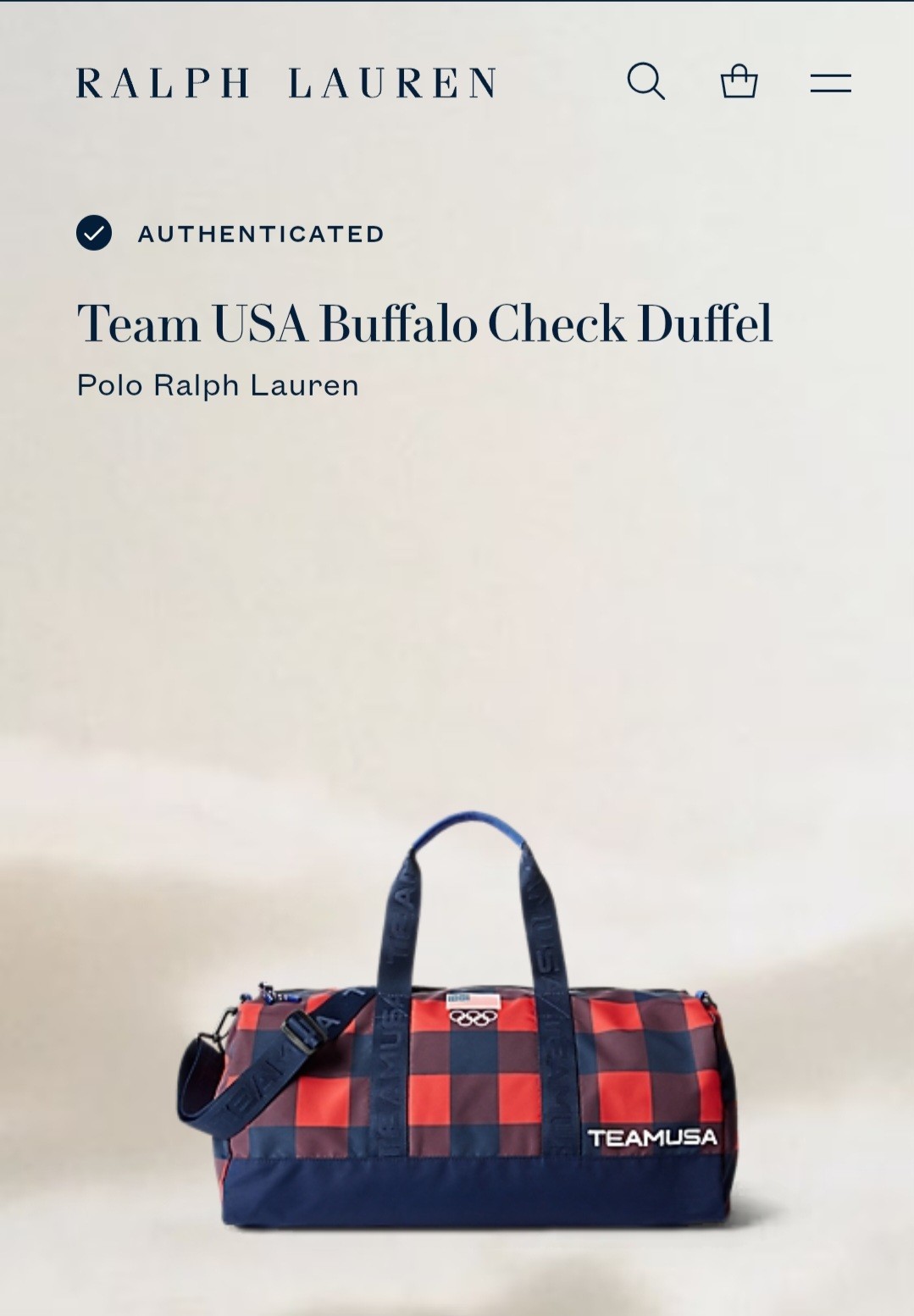 2022 Beijing Olympics Polo Ralph Lauren Buffalo Plaid Weekender Duffle Bag USA