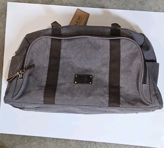 S-Zone Duffel Bag Weekender Leather Handles Heavy Canvas Strap Grey Blue Zip