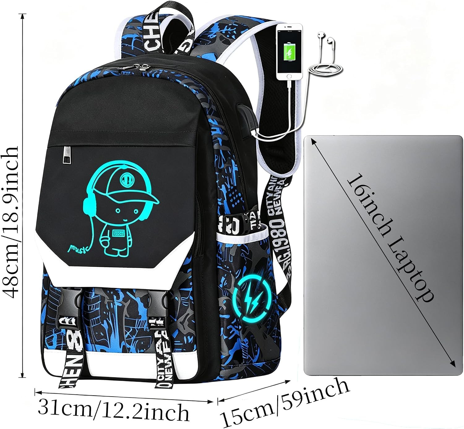 Anime Luminous Backpack Waterproof.Cool Backpacks15.6 in Large Capacity Laptopei