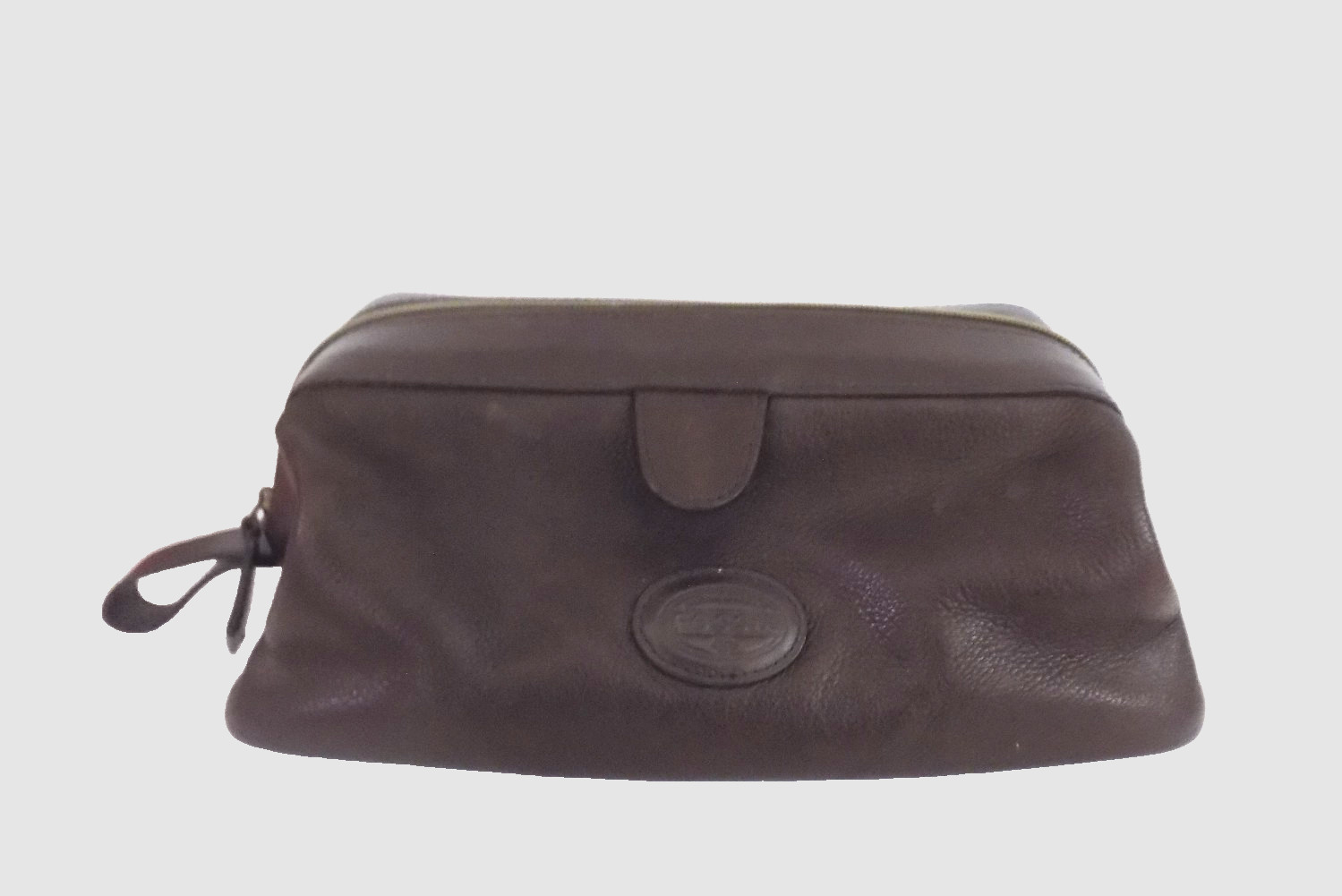 vintage FOSSIL Rugged brown Leather dop kit toiletry travel bag zip around frame