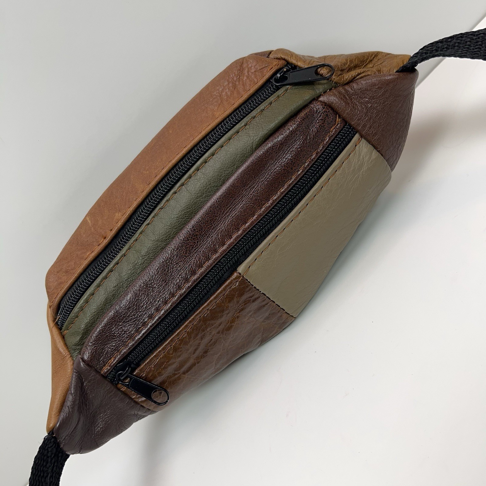 Vtg LEATHER Fanny Pack 90s Suede Patchwork Brown Waist Bag Straps Multi Pockets
