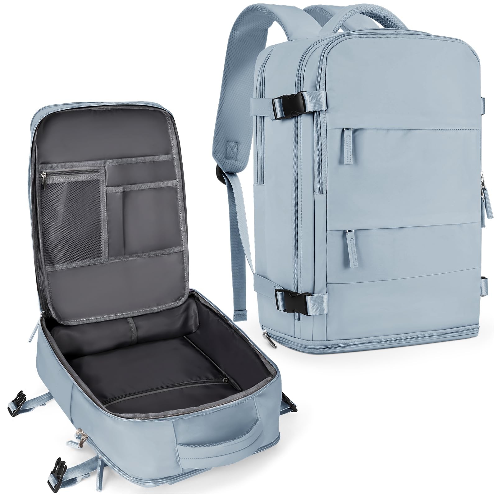 Large Travel Backpack 30L Carry On Flight Approved 15.6in Laptop Gray Blue