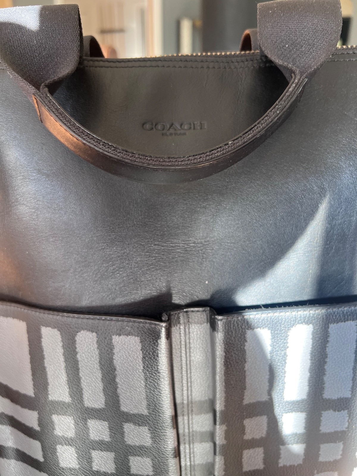 Coach Metropolitan Tote Bag Black Leather Grey Tartan Plaid Crossbody Laptop