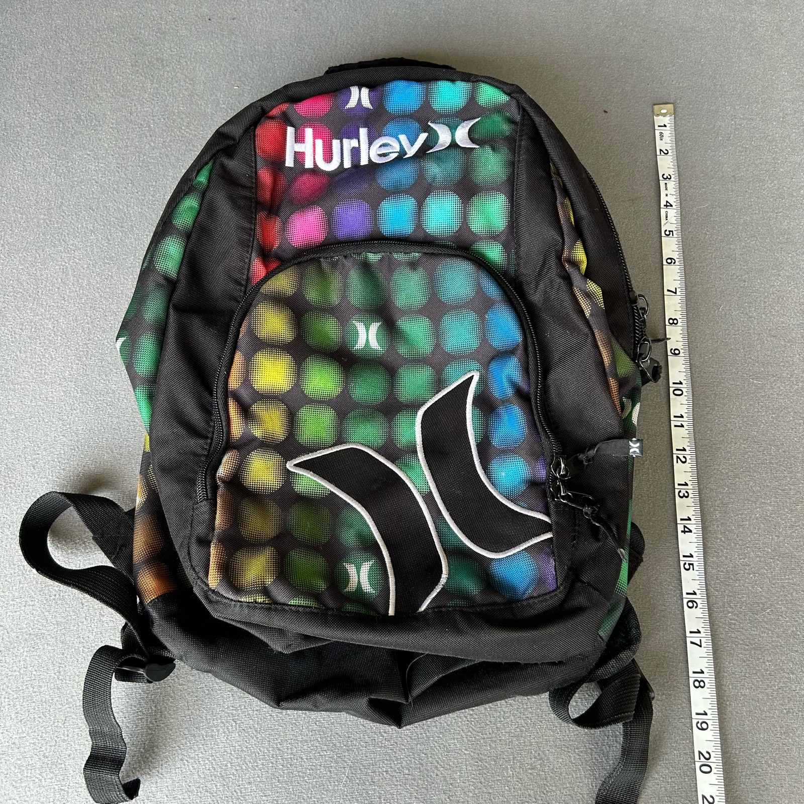 Hurley Black Multicolor Rainbow Dots Logo Backpack School Travel Bag