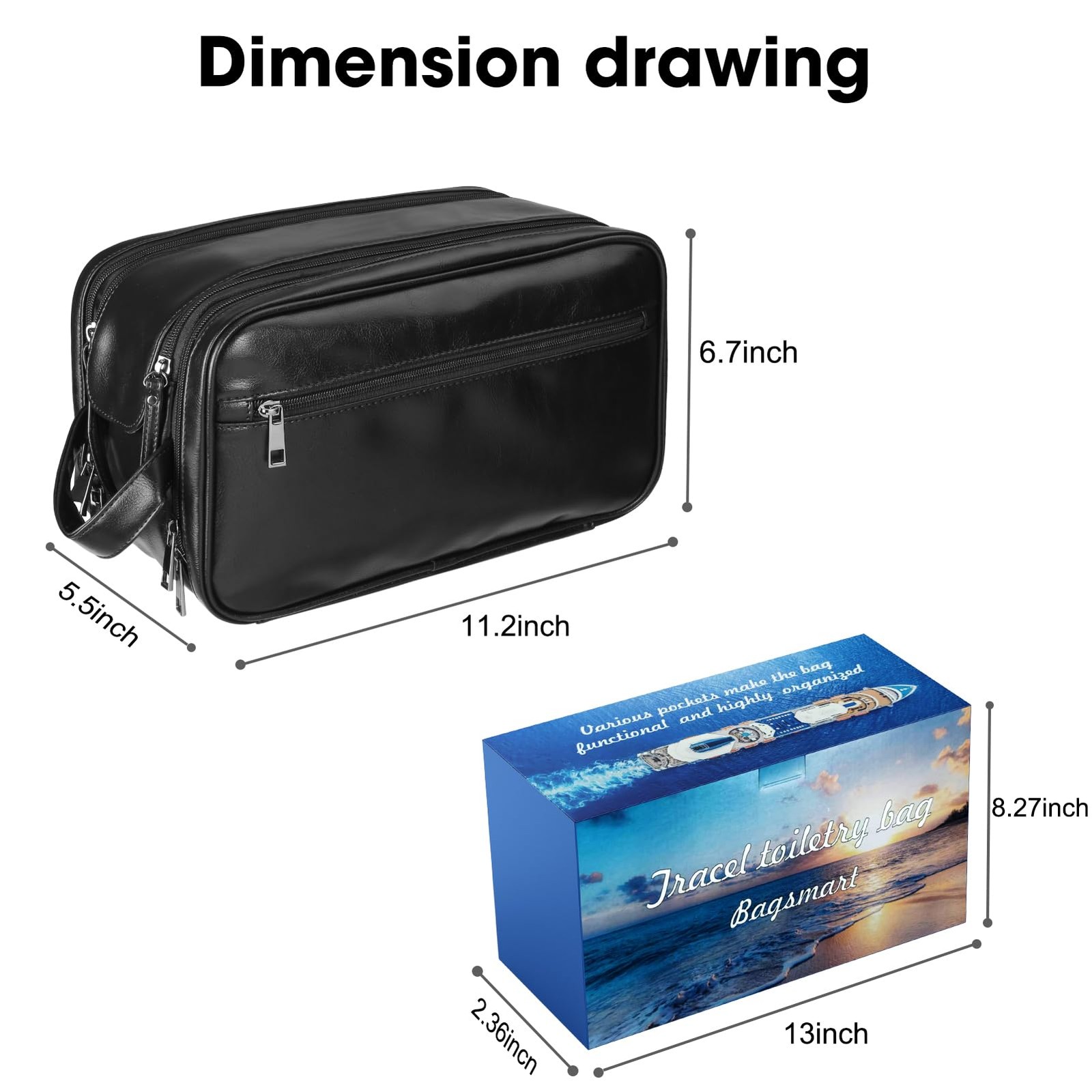 BNSPOCKET Personalized Leather Travel Toiletry Bag for Men, Large, Black