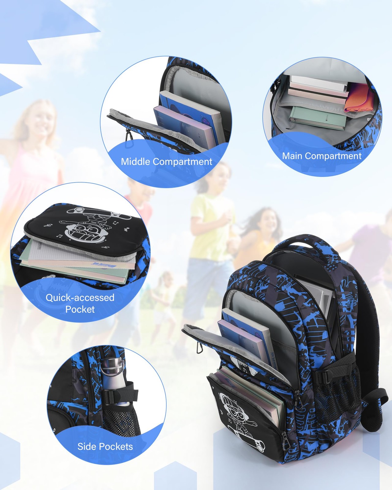 School Backpack Boys Camo Bookbag Teens Middle School Waterproof Travel Blue