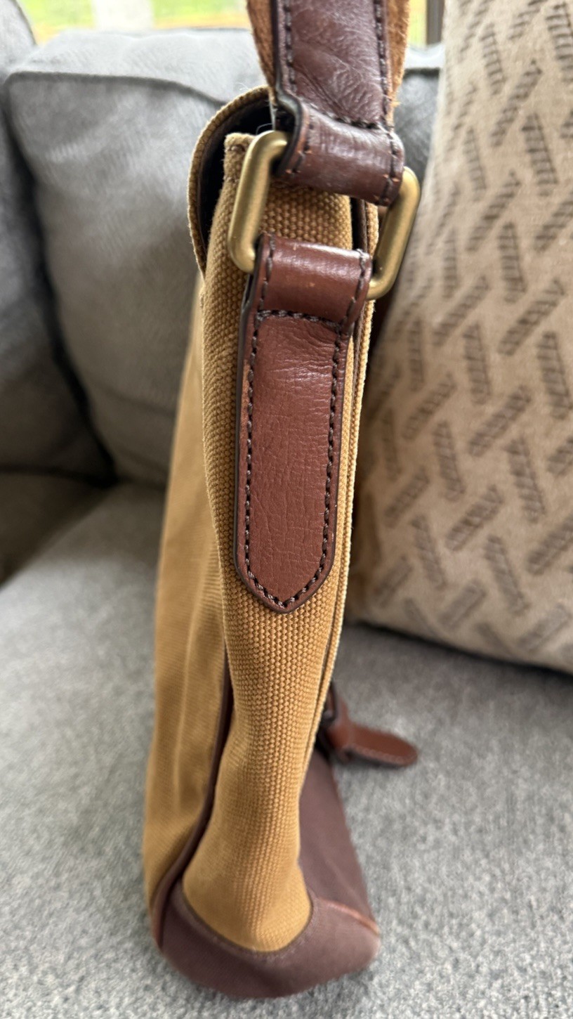 Fossil Canvas & Leather Messenger Bag In Two Tone Brown Padded Pocket Cow Hide