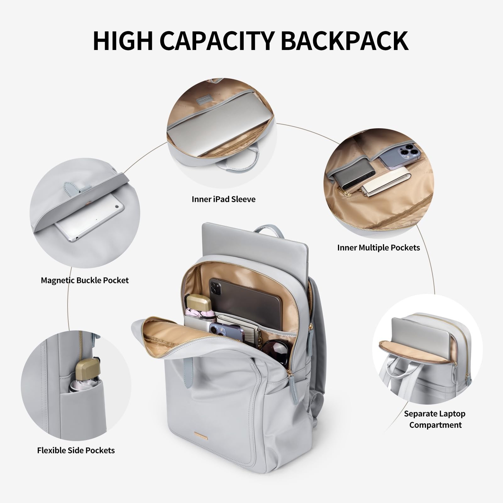 Laptop Backpack Purse for Women Fits 14 Inch Notebook Pale Grey Daypack