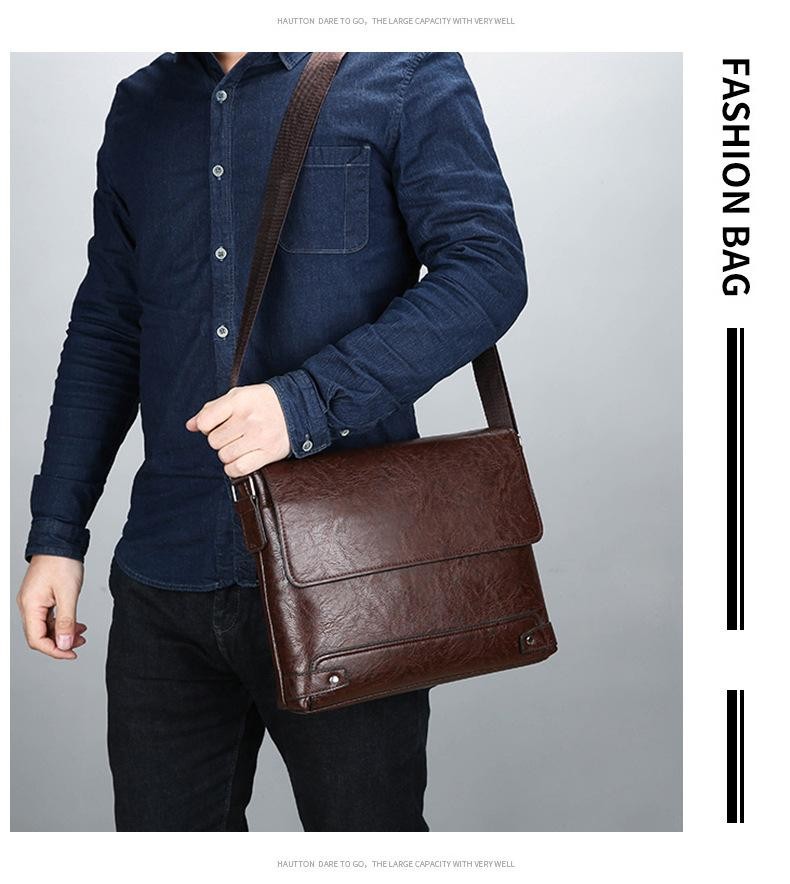 Men’s Solid Color Retro Pu Leather Shoulder Bag, Casual Business Messenger Bag