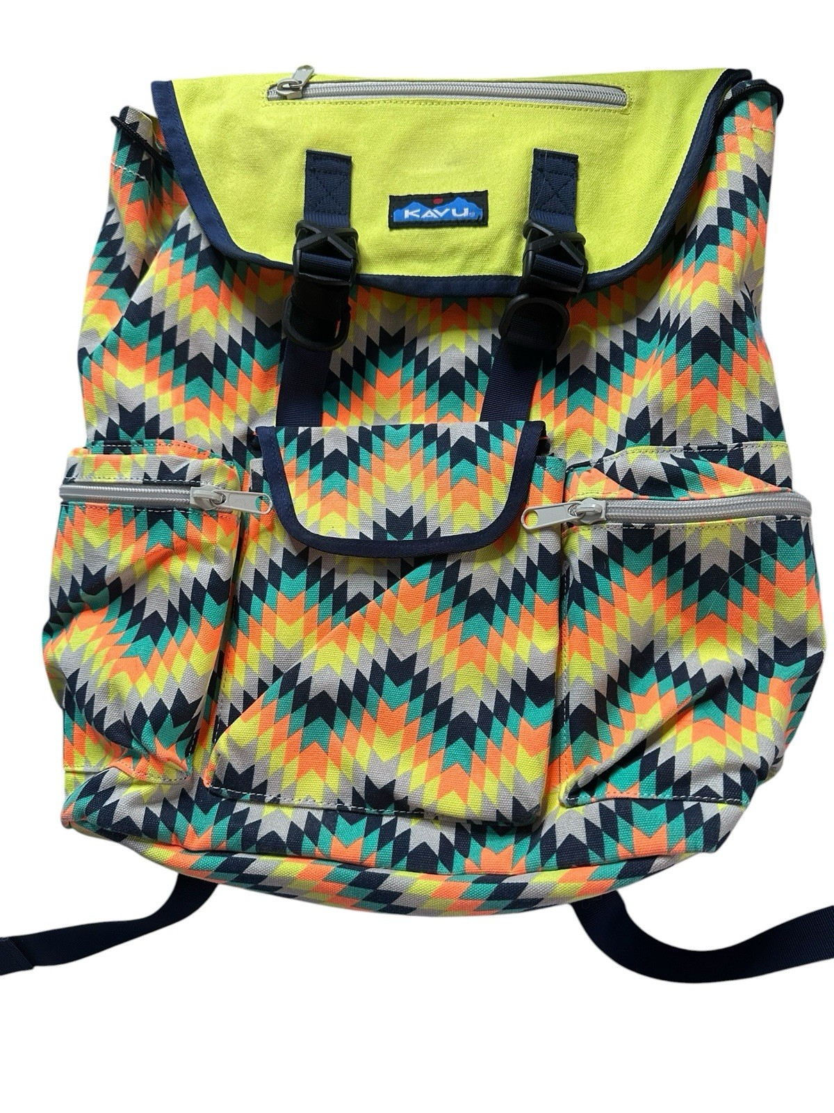 KAVU Two Strap Paracord Backpack Colorful Neon Print Travel Bag Many Pockets