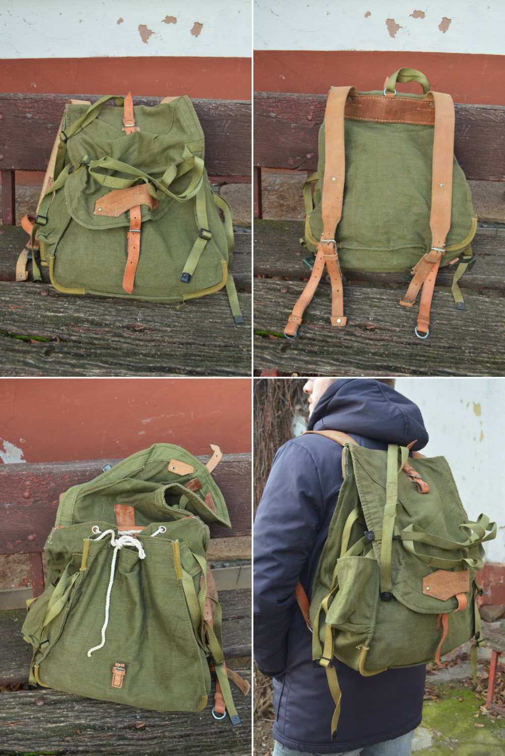 LIGHT Canvas Army Backpack with WEBBING for the Helmet, Vintage Army Rucksack