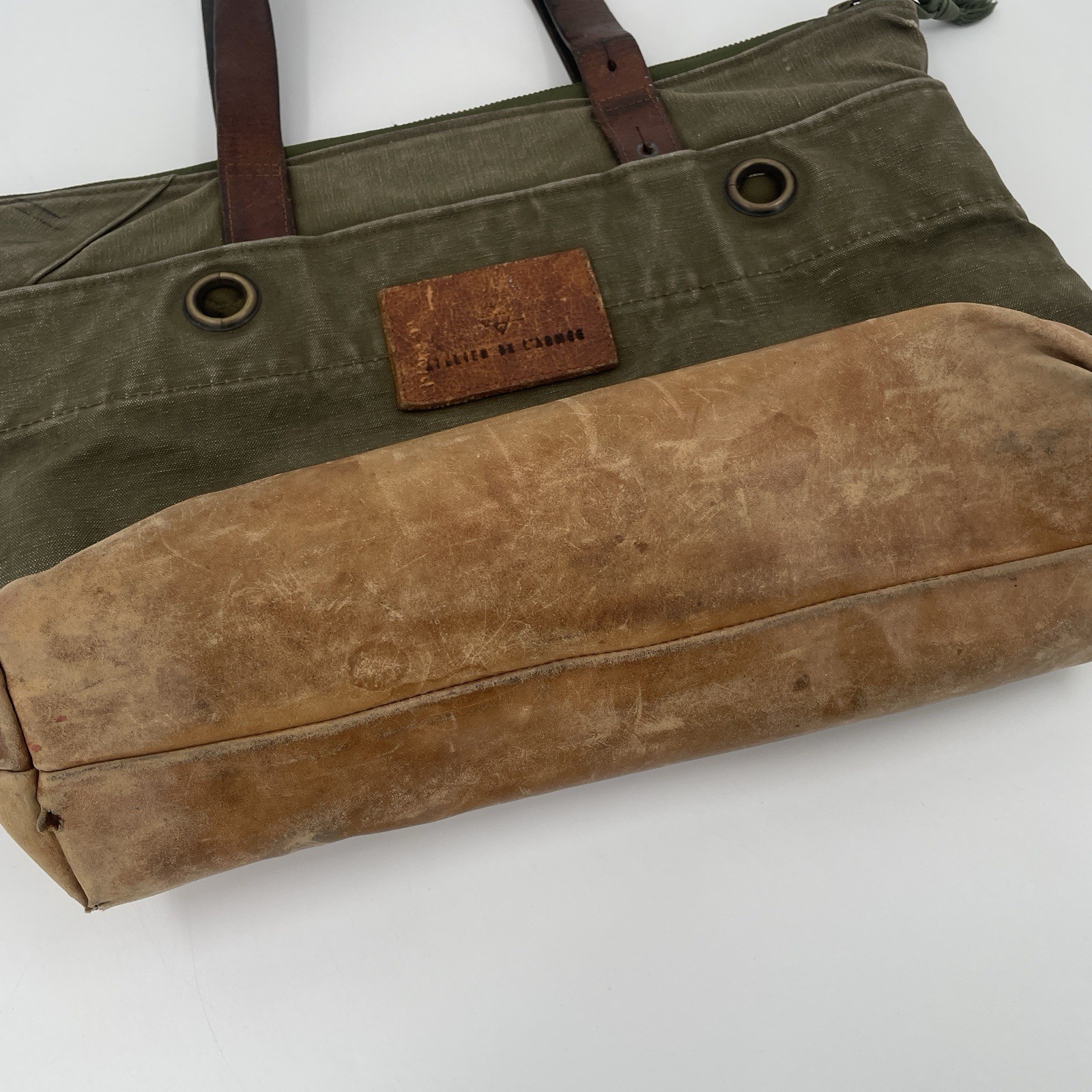 Atelier de L’Armee Green Canvas Brown Leather Tote Bag – Distressed
