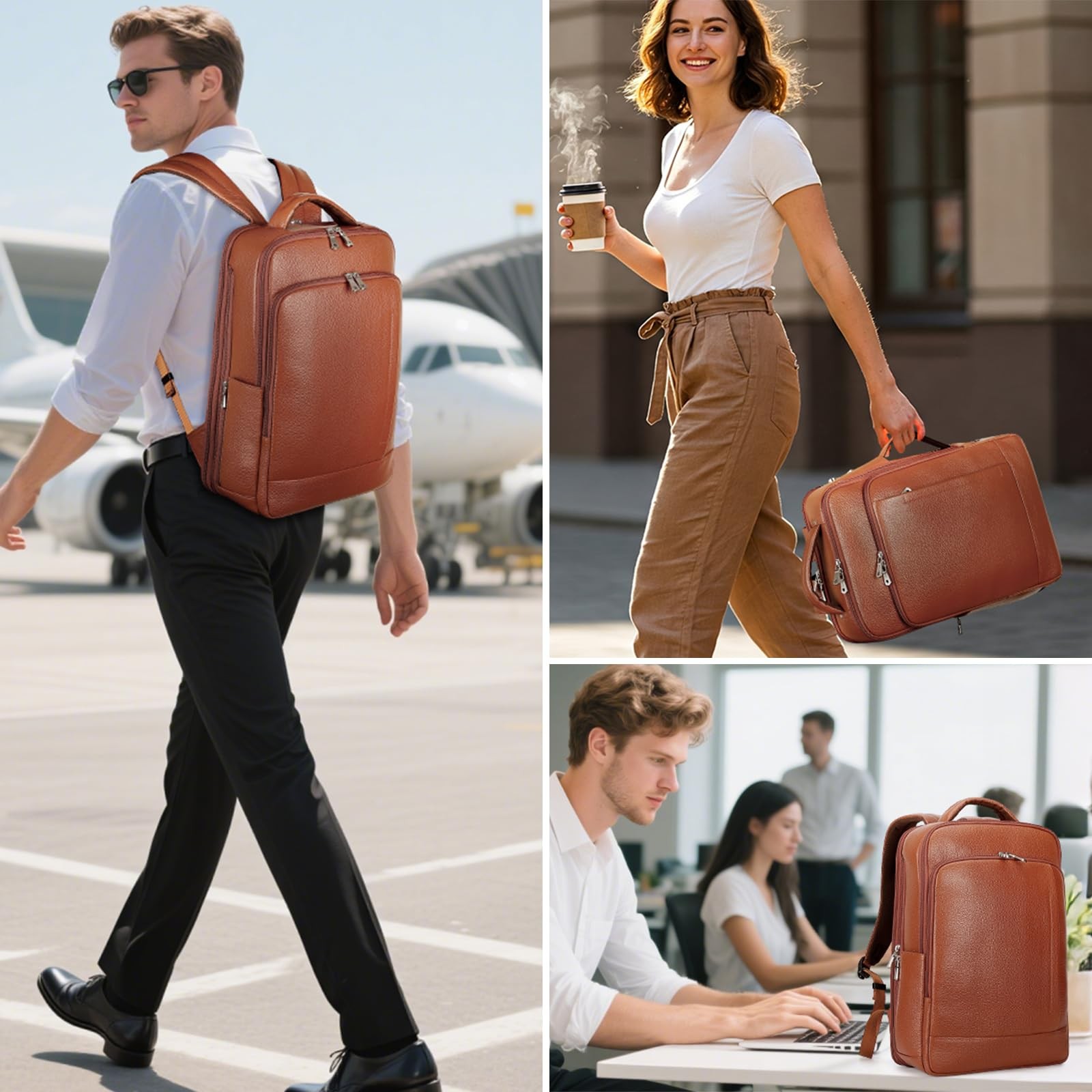 Expandable Leather 15.6″ Laptop Backpack for Men , TSA Friendly Business Trav…