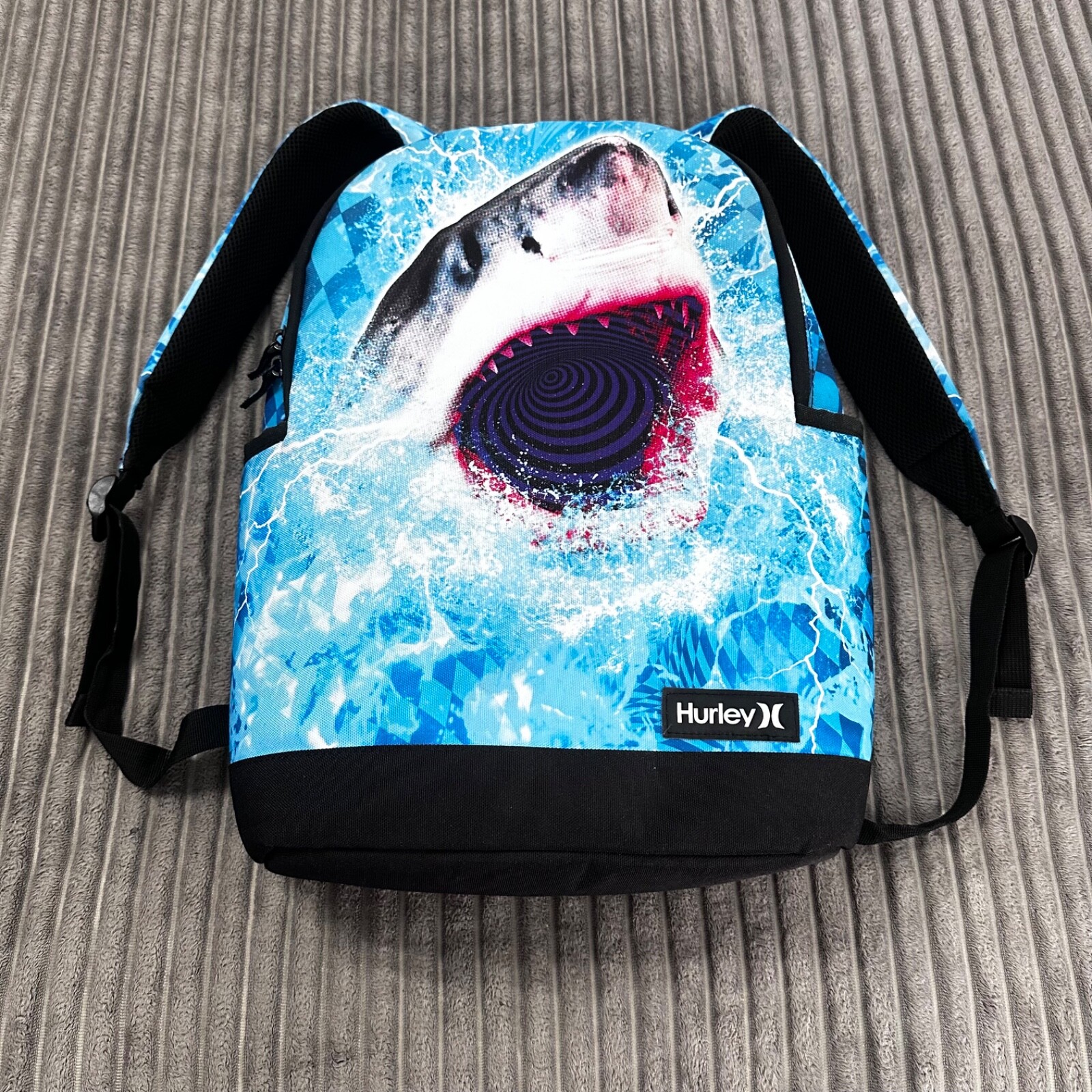 Hurley Backpack Shark Graphic 18″ Blue Black Carryall Bottle Pocket Book Bag