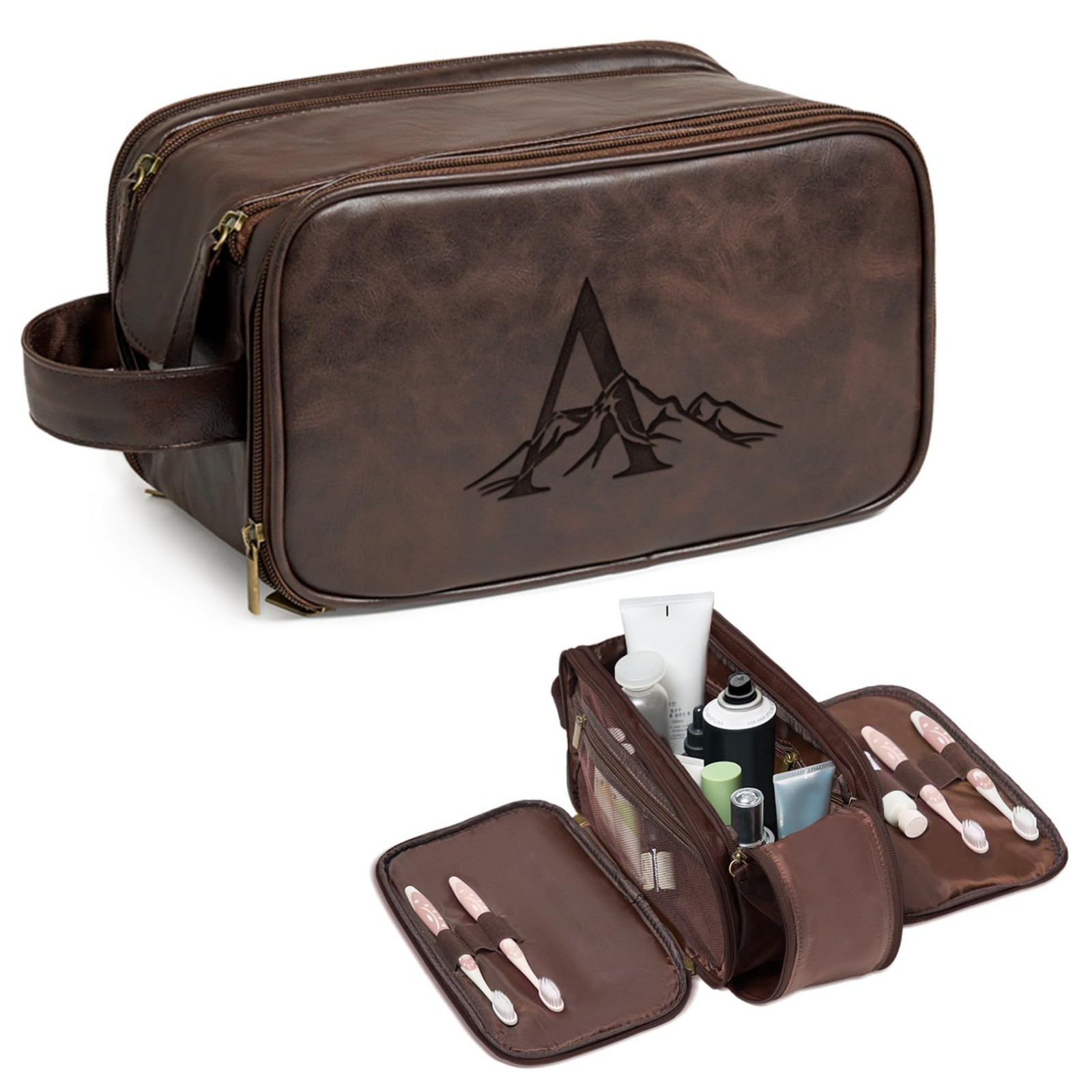 Waterproof Travel Toiletry Bag for Men, Personalized Leather Dopp Kit, Groomsmen