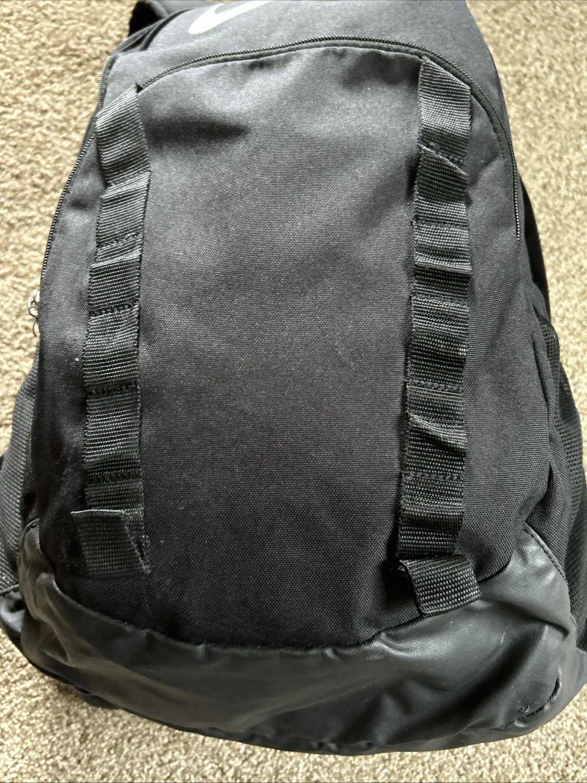 VTG Nike Nylon Backpack Black 4 Outside Zip Pockets 18x13x5 Zip Both Ways EUC