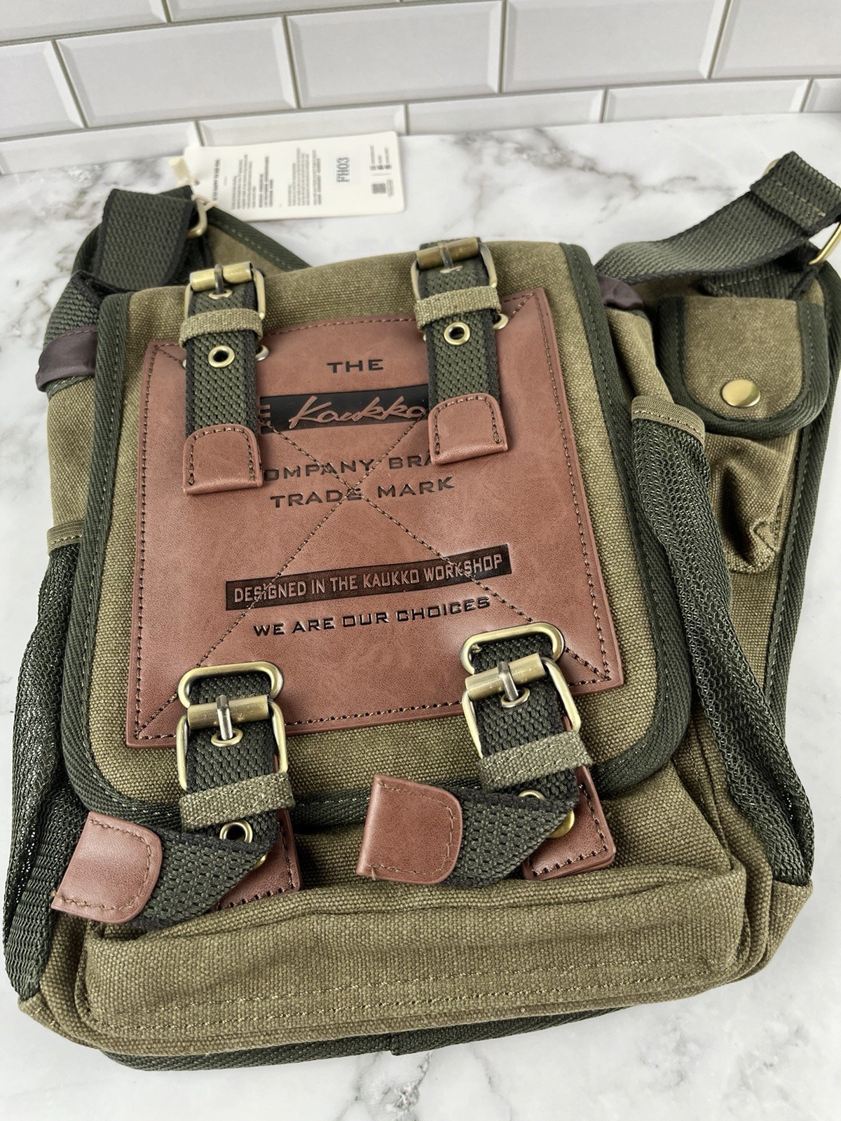 Kaukko Men’s Vintage Canvas Shoulder Messenger Bag Leather Patchwork Armygreen
