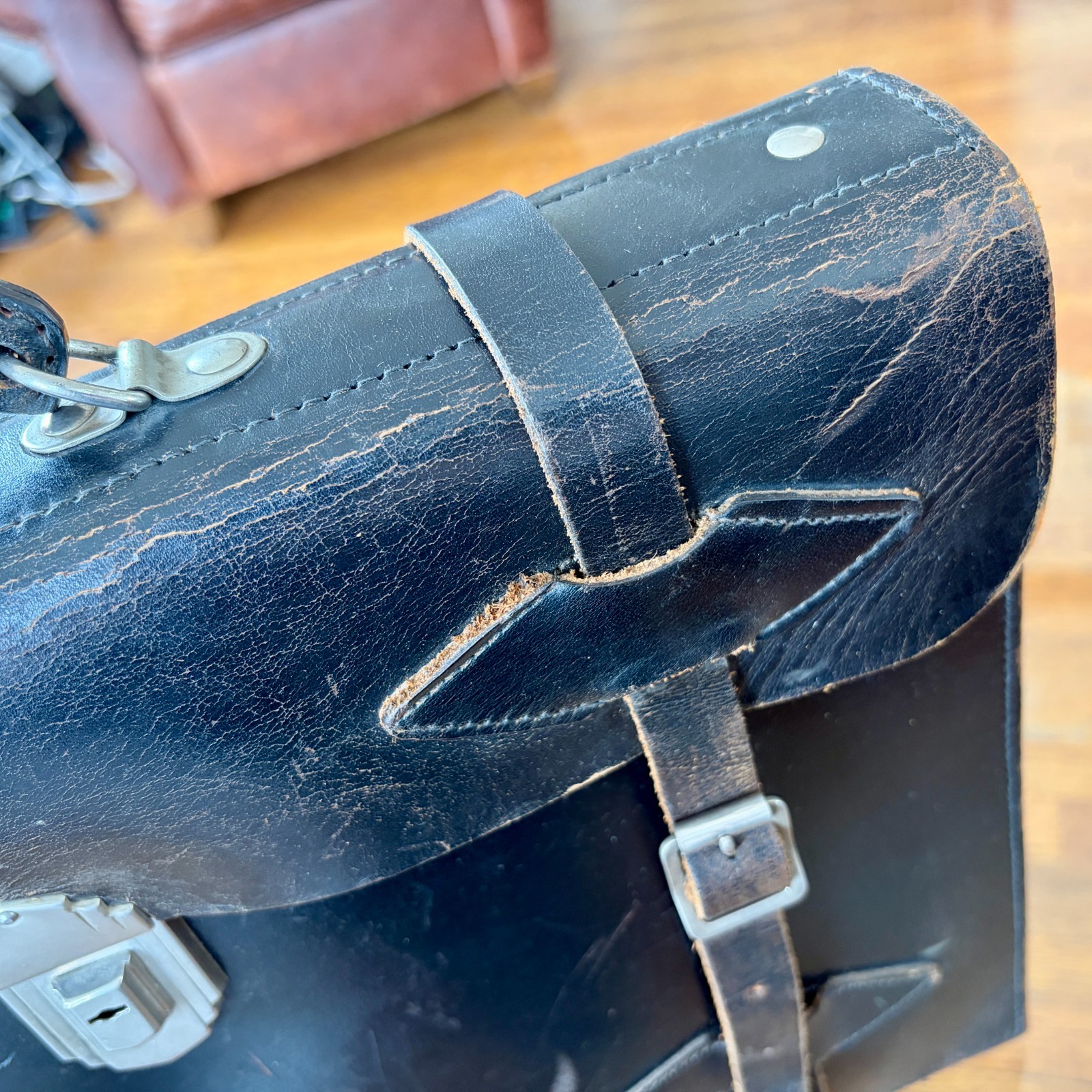 1920s Leather Briefcase Satchel Bag Double Strap Messenger MacBook Pro Blk Vtg