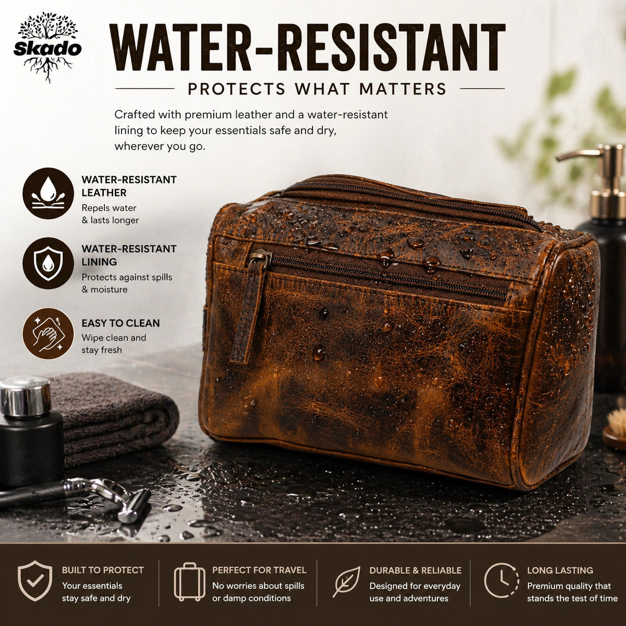Buffalo Leather Toiletry Bag Travel Hanging Dopp Kit Shaving Makeup Case Unisex