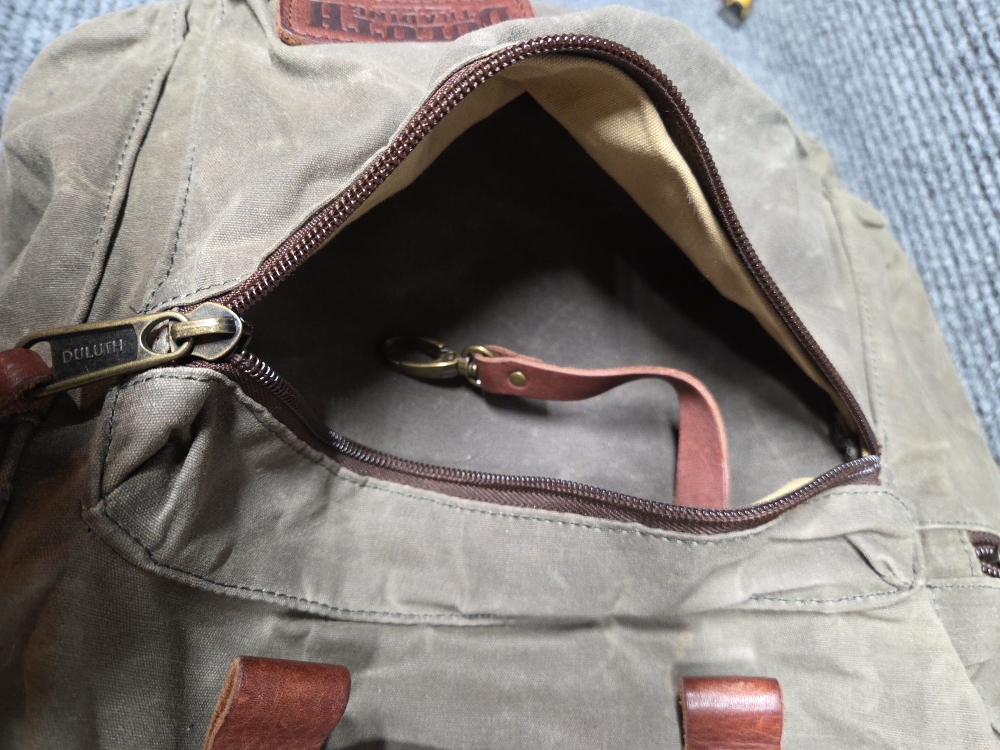 Duluth Trading Co Backpack Satchel Brown Oil Cloth Hiking Duffle Bag
