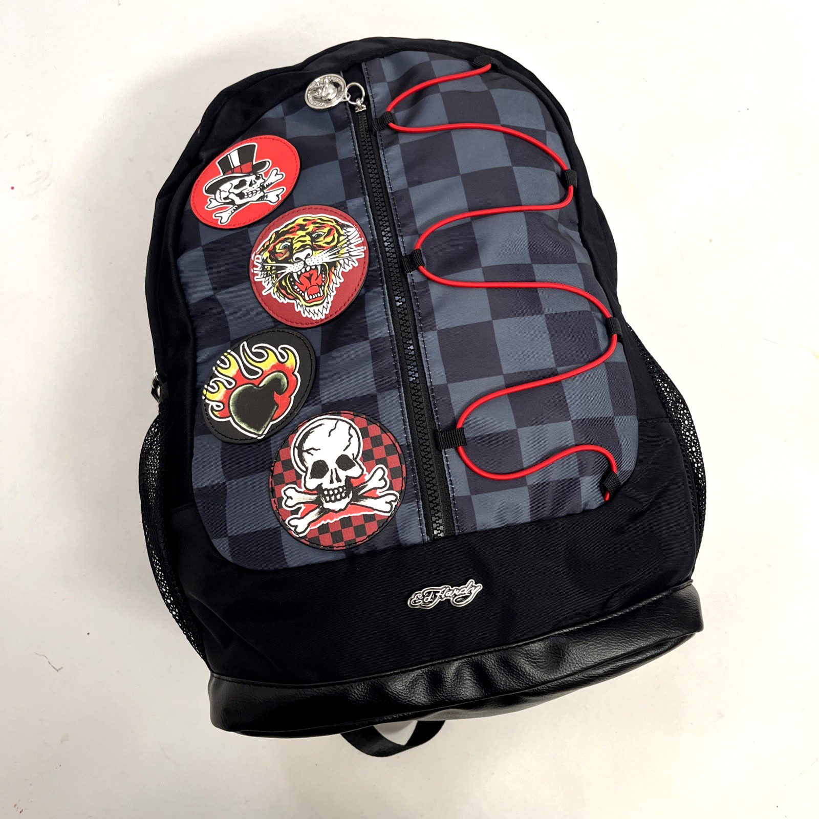 Ed Hardy Tattoo Patch Backpack Skull Tiger Flame Print Black Gray Checkered NWT