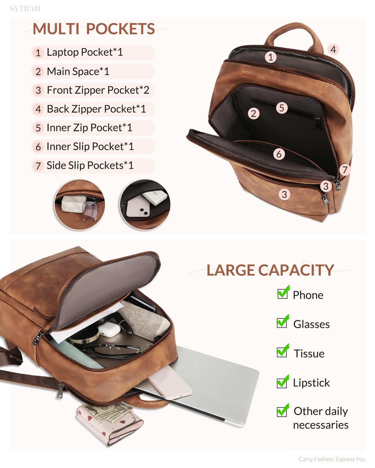 Leather Backpack for Women, 15.6 inch Laptop Purse Daypack Brown