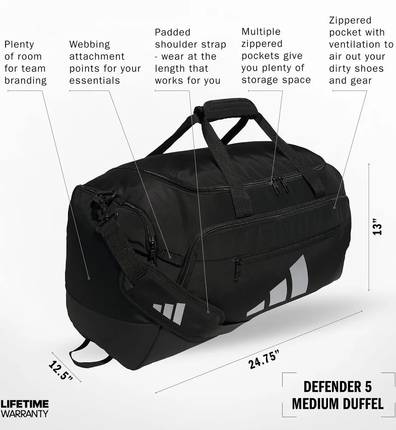 ADIDAS UNISEX DEFENDER 5 MEDIUM Duffel Gym SPORT Bag SHOE POCKET BLACK NEW $55