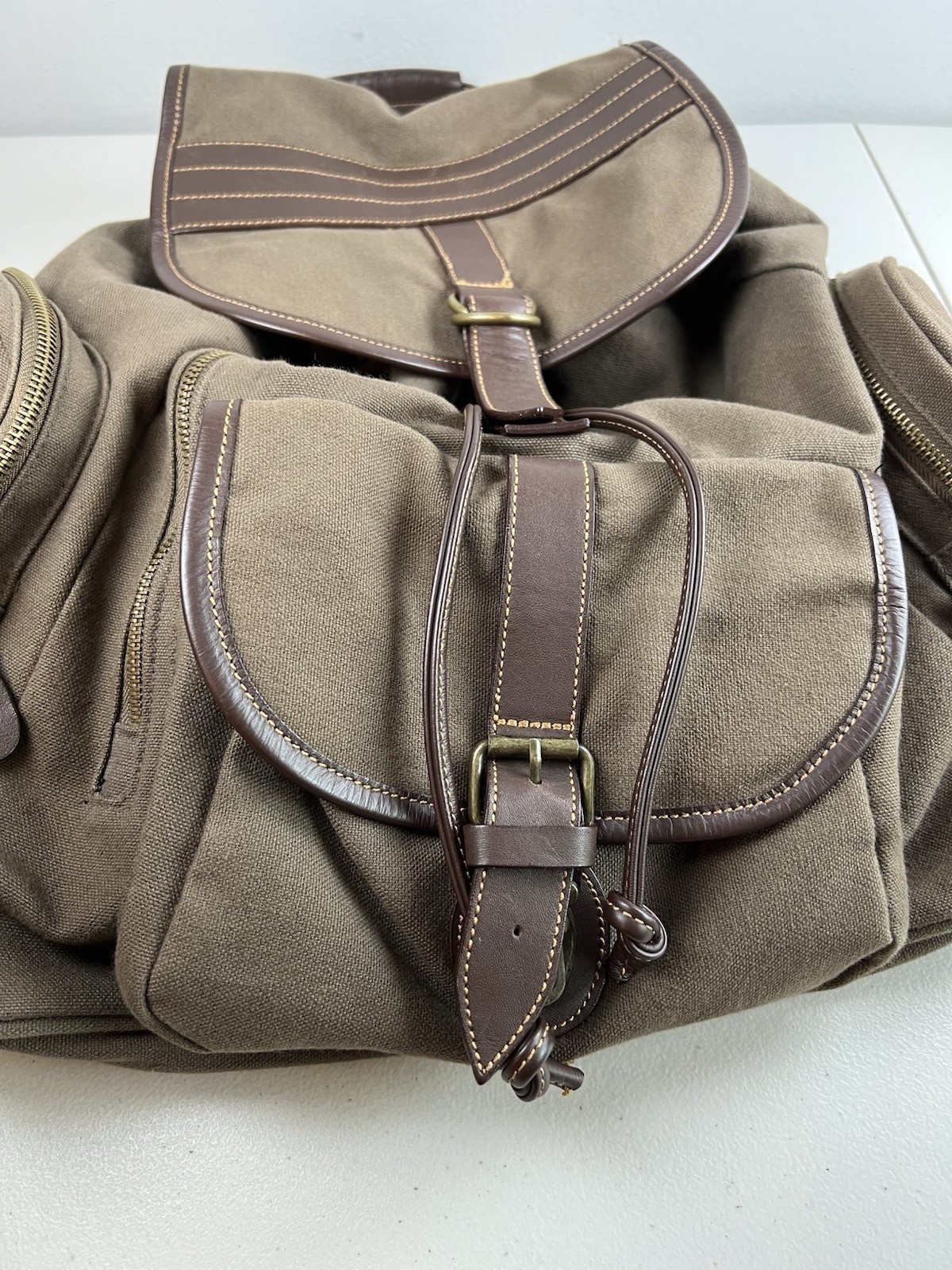 Well Made Cotton Canvas Leather Trimmed Backpack Rucksack Brown Roomy Pockets