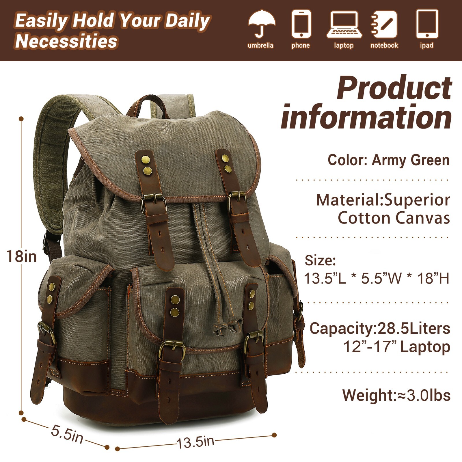HuaChen Waxed Canvas Leather Backpack Travel Hiking Rucksack Camping School Bag