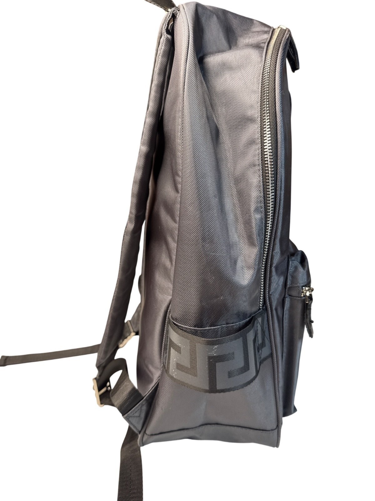 Versace Parfums Gray Backpack W/ Greek Key Straps Front Pocket