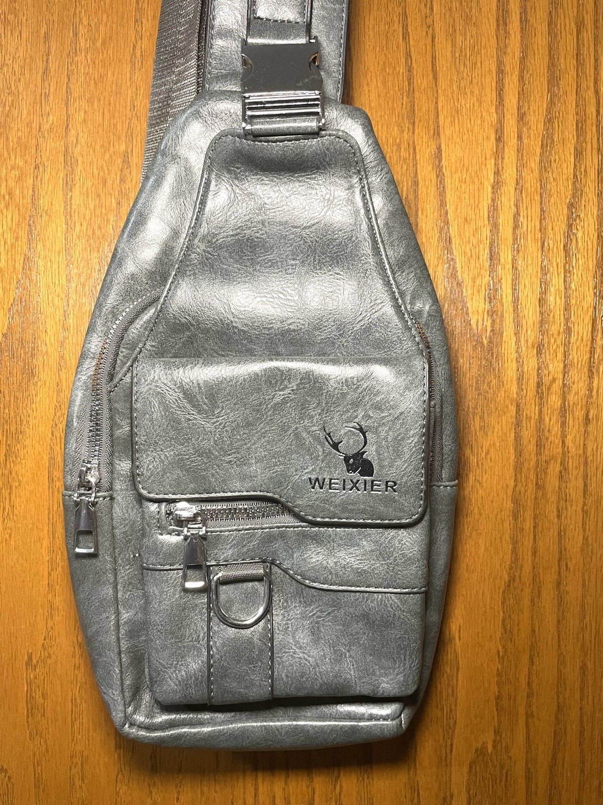 New Weixier Unisex Gray Leather Crossbody Sling Chest Bag NWOT