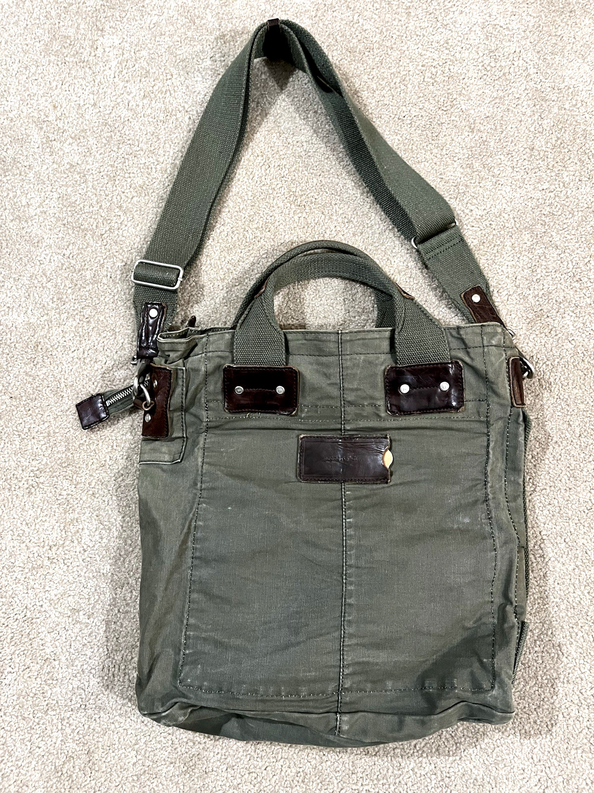 PROPERTY OF Coated Green Canvas Leather Messenger Bag Distressed Shoulder