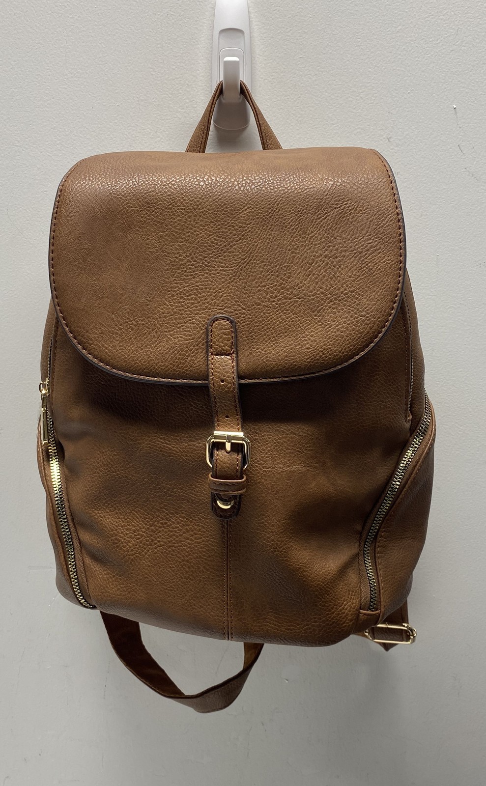Gussaci Brown Pebbled Faux Leather Buckle Flap Backpack Gold Hardware