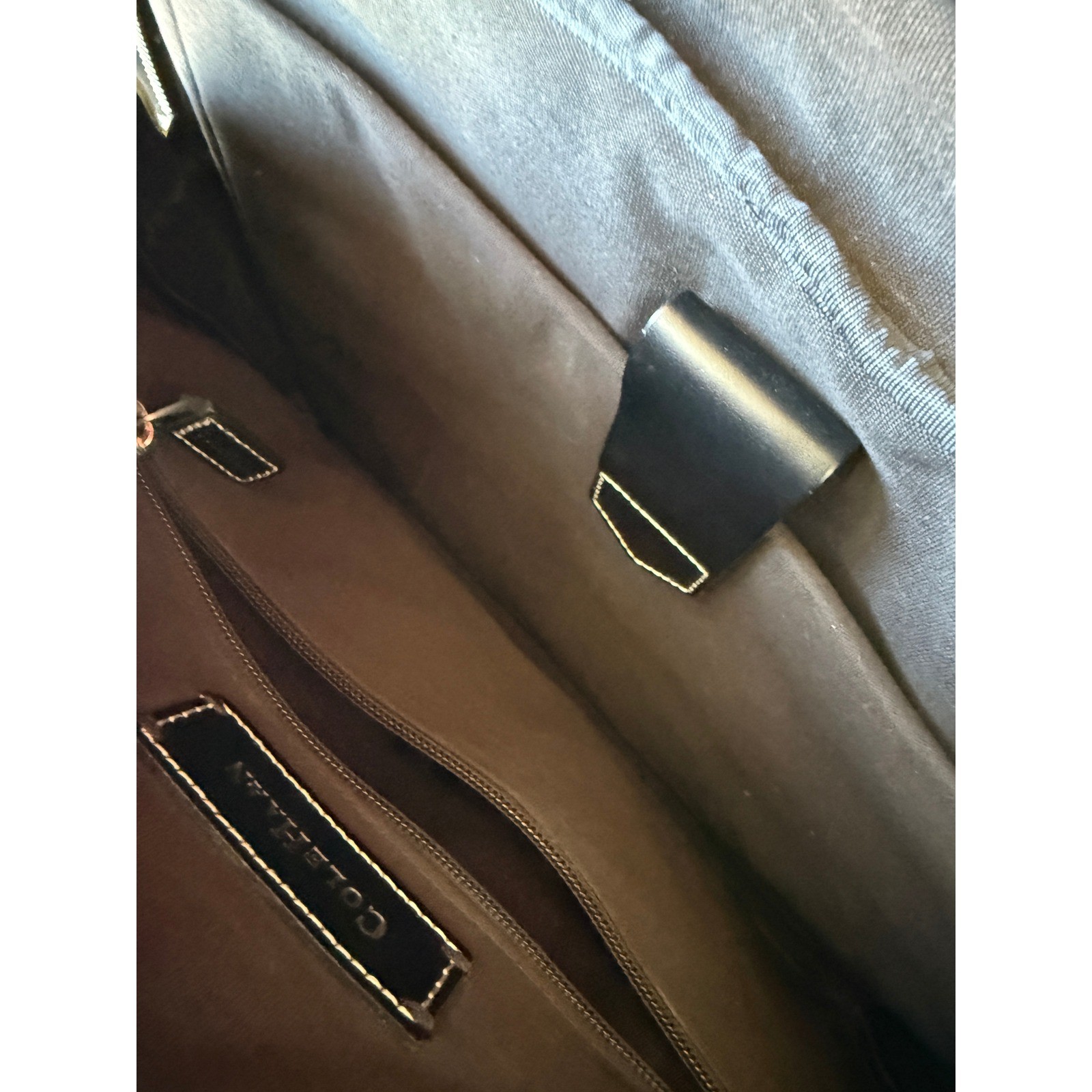 Cole Haan Black Pebbled Leather Briefcase Laptop Messenger Bag Contrast Stitch
